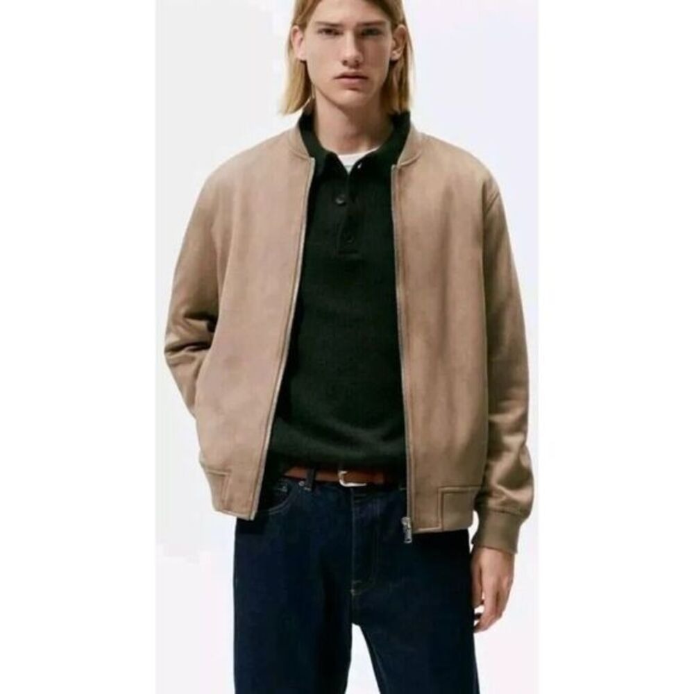 Zara Man Bomber Jacket Mens XL Tan Faux Suede Full Zip Minimalist Lightweight